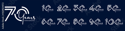 collection anniversary 10 to 100 year logo designs. abstract number for celebration event, wedding, greeting card, and invitation, vector illustration