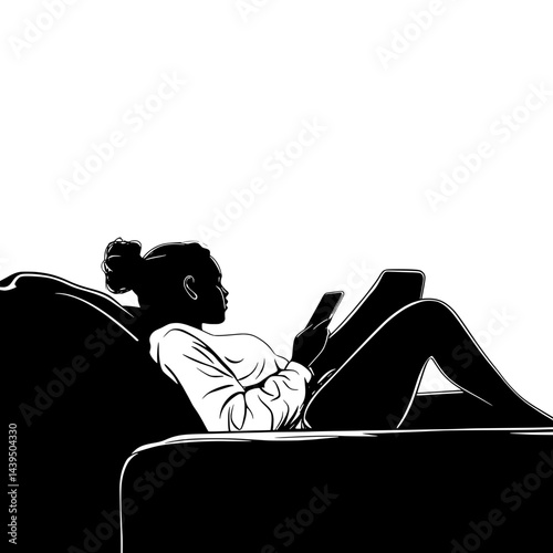 Black and White Silhouette or Line Art Illustration of Man or Woman Handing Mobile Phone - Communication Concept