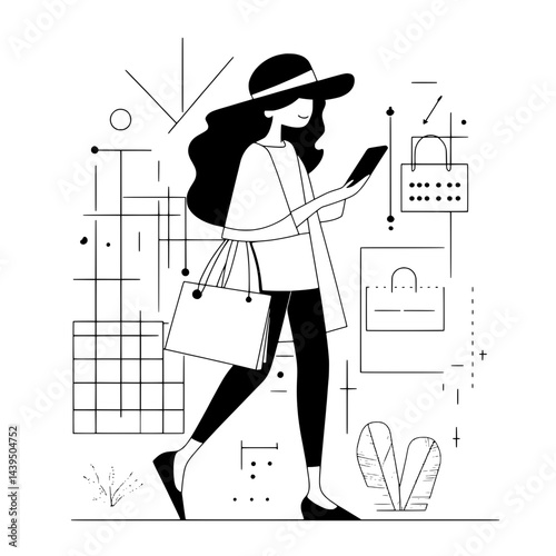 Black and White Silhouette or Line Art Illustration of Man or Woman Handing Mobile Phone - Communication Concept