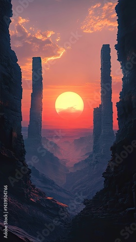 Canyon sunset; tall rock formations, large sun.