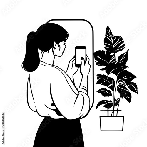 Black and White Silhouette or Line Art Illustration of Man or Woman Handing Mobile Phone - Communication Concept