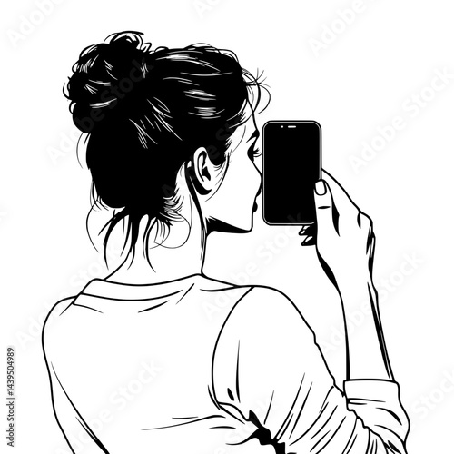 Black and White Silhouette or Line Art Illustration of Man or Woman Handing Mobile Phone - Communication Concept