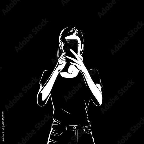 Black and White Silhouette or Line Art Illustration of Man or Woman Handing Mobile Phone - Communication Concept