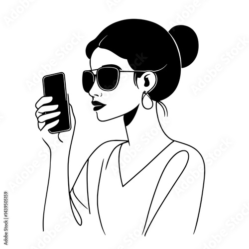 Black and White Silhouette or Line Art Illustration of Man or Woman Handing Mobile Phone - Communication Concept