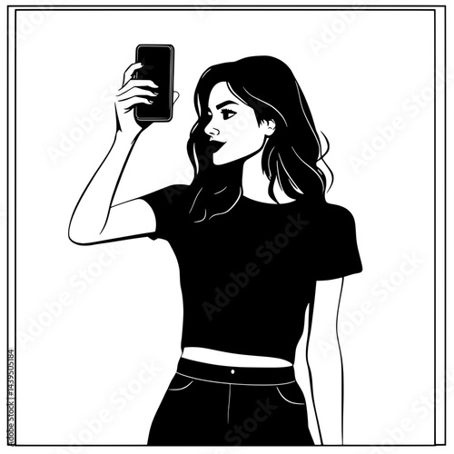 Black and White Silhouette or Line Art Illustration of Man or Woman Handing Mobile Phone - Communication Concept