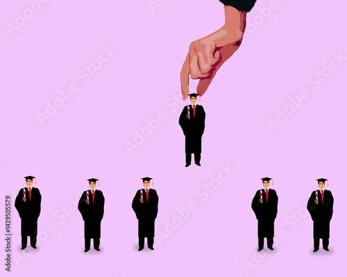 Illustration of a hand selecting a graduate from a group symbolizing recruitment and opportunity