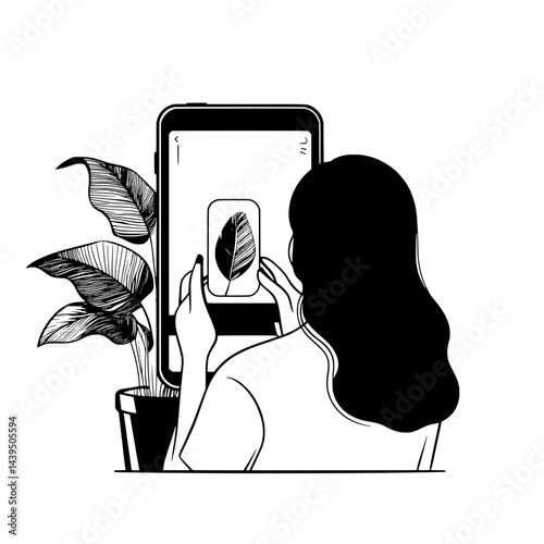 Black and White Silhouette or Line Art Illustration of Man or Woman Handing Mobile Phone - Communication Concept