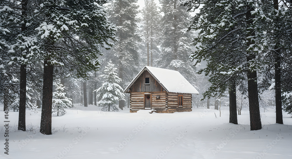 Naklejka premium Winter Solitude Log Cabin Retreat Deep in a Snow Covered Forest