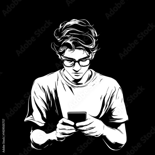 Black and White Silhouette or Line Art Illustration of Man or Woman Handing Mobile Phone - Communication Concept