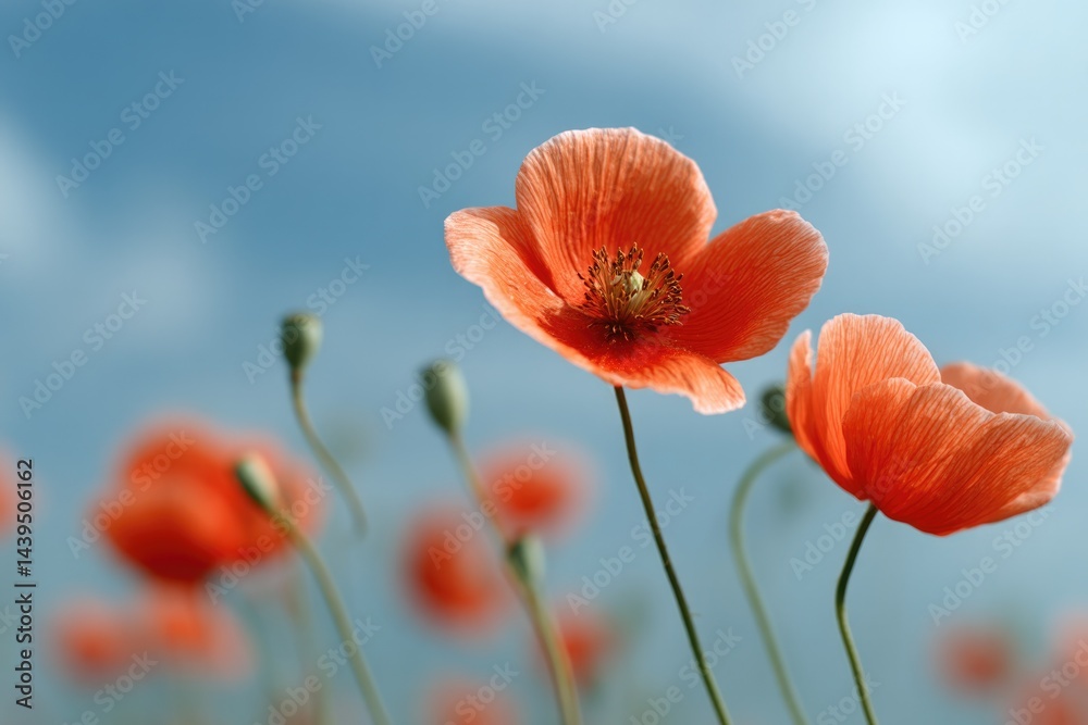 Fototapeta premium Vibrant poppies sway gently under bright blue skies, embodying s