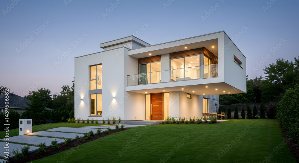 Obraz premium Modern House Exterior Design with Green Lawn at Evening Time