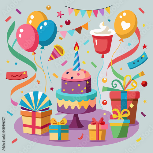 Birthday Party Decorations. Colorful Cake. Balloons & Gifts