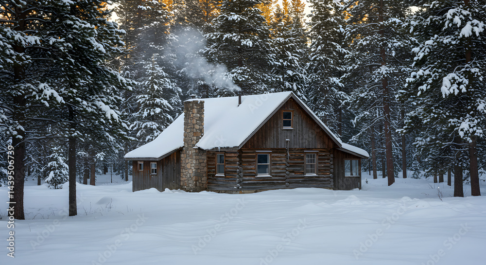 Cozy Winter Cabin Nestled in Snow Covered Forest During Cold Season Cozy Winter Cabin Nestled in Snow Covered Forest During Cold Season