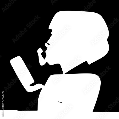 Black and White Silhouette or Line Art Illustration of Man or Woman Handing Mobile Phone - Communication Concept
