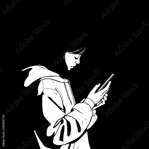Black and White Silhouette or Line Art Illustration of Man or Woman Handing Mobile Phone - Communication Concept