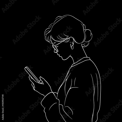 Black and White Silhouette or Line Art Illustration of Man or Woman Handing Mobile Phone - Communication Concept