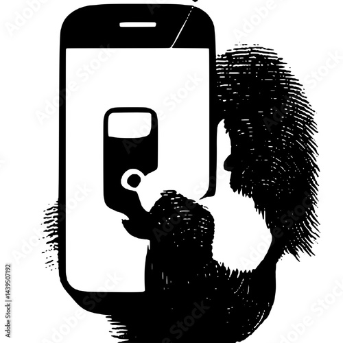 Black and White Silhouette or Line Art Illustration of Man or Woman Handing Mobile Phone - Communication Concept