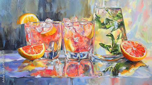 This refreshing image showcases a vibrant assortment of sliced fruits, including grapefruit, lime, lemon, and berries, all set against a backdrop of shimmering ice cubes. The colorful array of fruits 