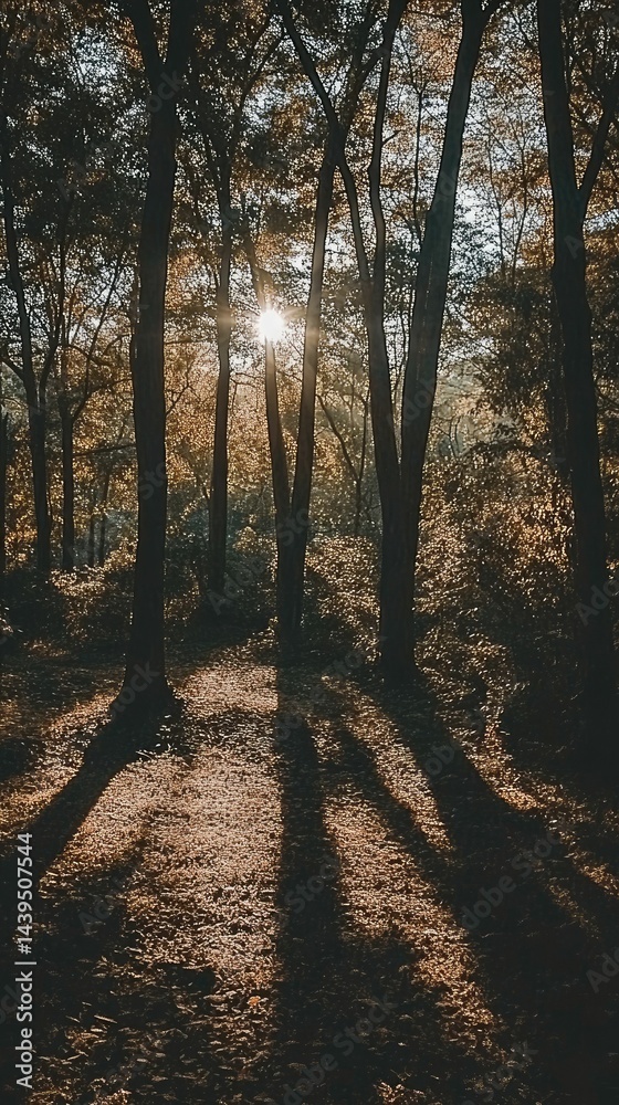 Fototapeta premium Sunlit forest floor, tree shadows, golden light.