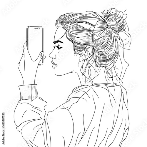 Black and White Silhouette or Line Art Illustration of Man or Woman Handing Mobile Phone - Communication Concept