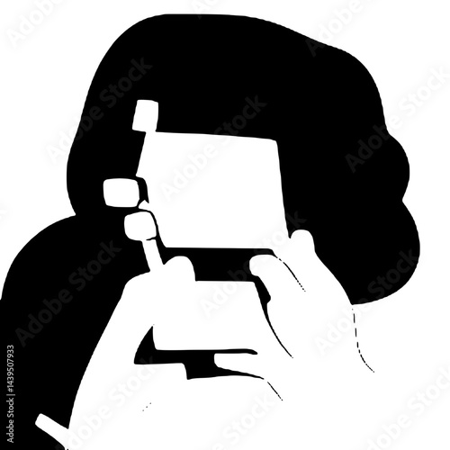 Black and White Silhouette or Line Art Illustration of Man or Woman Handing Mobile Phone - Communication Concept