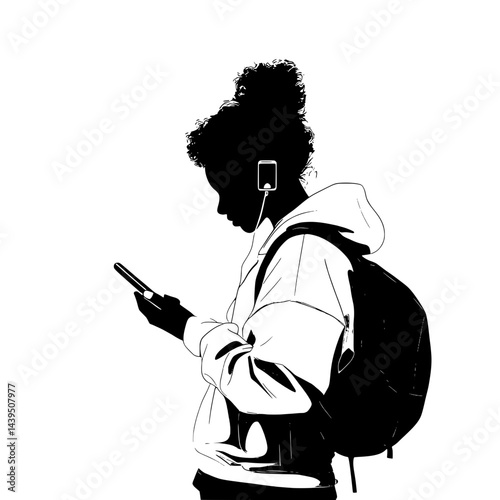 Black and White Silhouette or Line Art Illustration of Man or Woman Handing Mobile Phone - Communication Concept