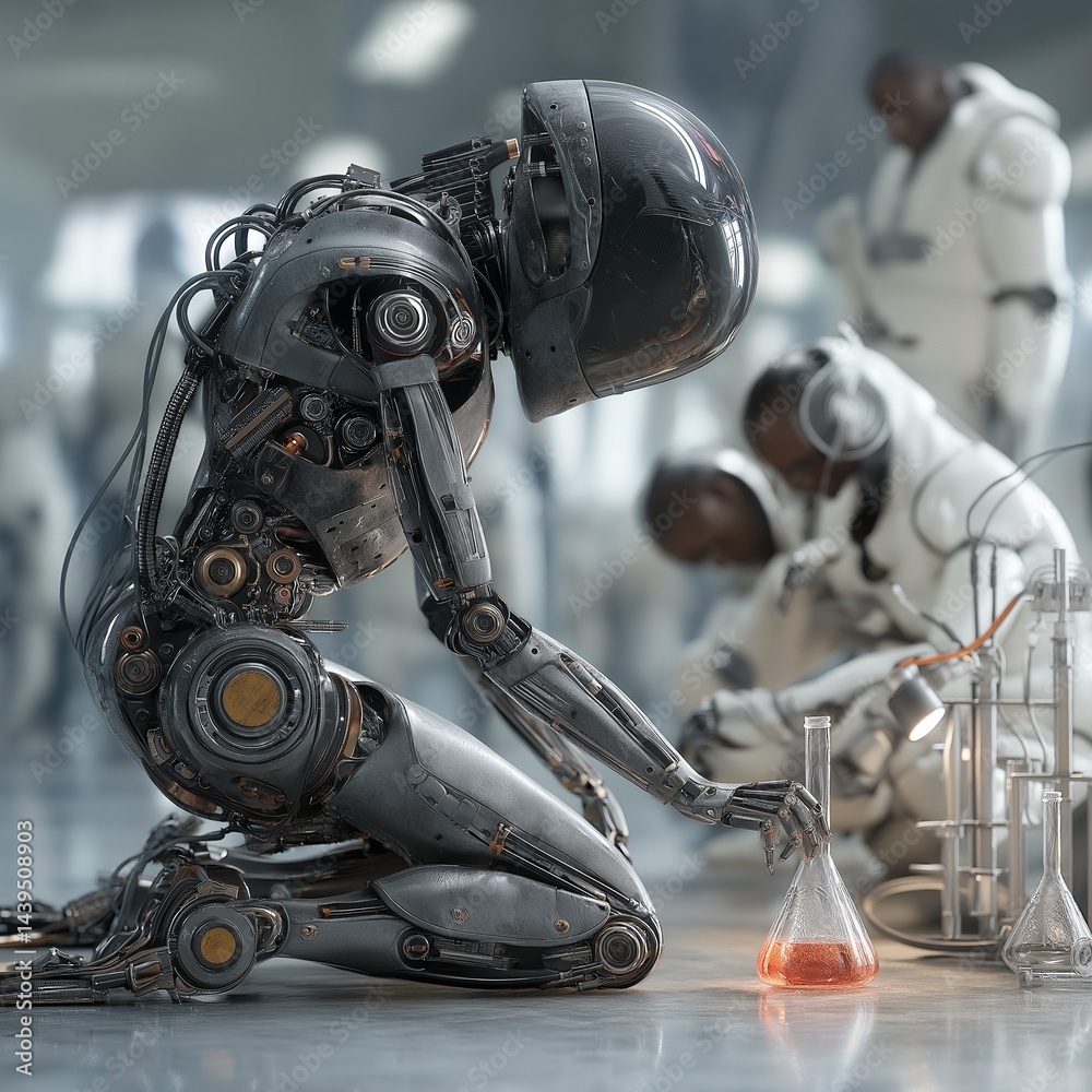 Fototapeta premium Futuristic robot working alongside humans in a high-tech laboratory,generative ai illustration