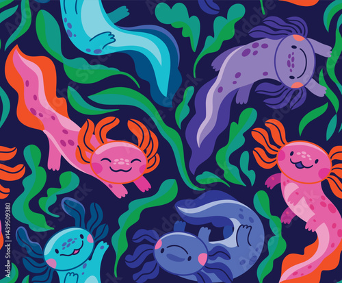 Seamless pattern. Cute cartoon axolotls with friendly faces, kawaii style