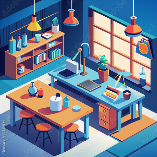 Modern Home Office Interior Design . Isometric Illustration