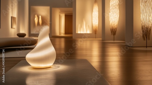 An illuminated artistic lamp displayed inside a spacious art gallery interior