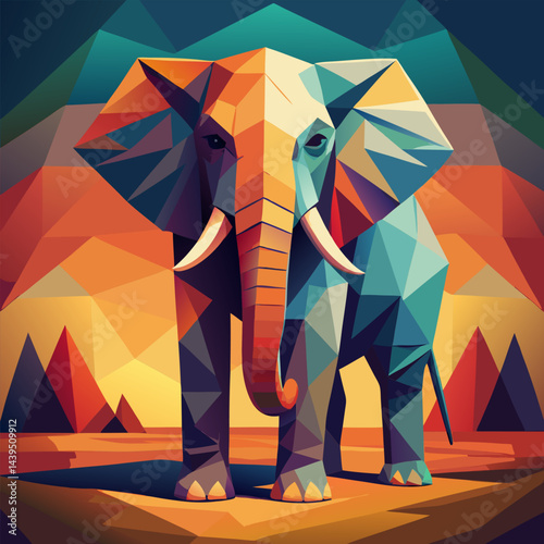 Geometric Elephant in Abstract Landscape . Digital Art