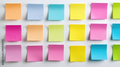Colorful sticky note arrangement on a white wall for creative brainstorming and organization
