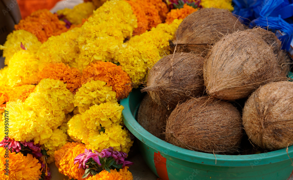 flower necklaces at hindu banana festival in baga goa