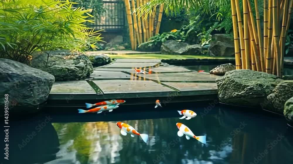Colorful koi fish gracefully swim in a serene japanese garden pond
