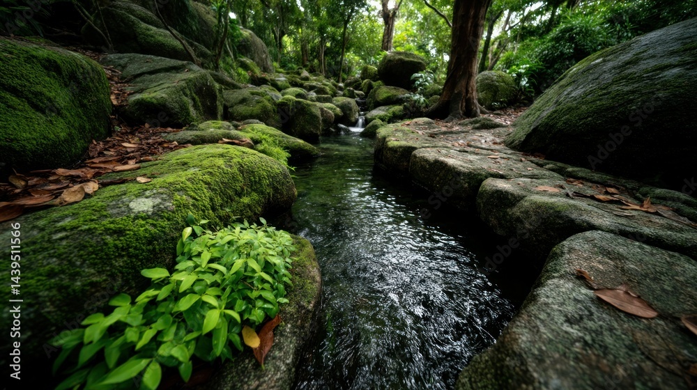 Fototapeta premium Mossy rocks line creek in forest