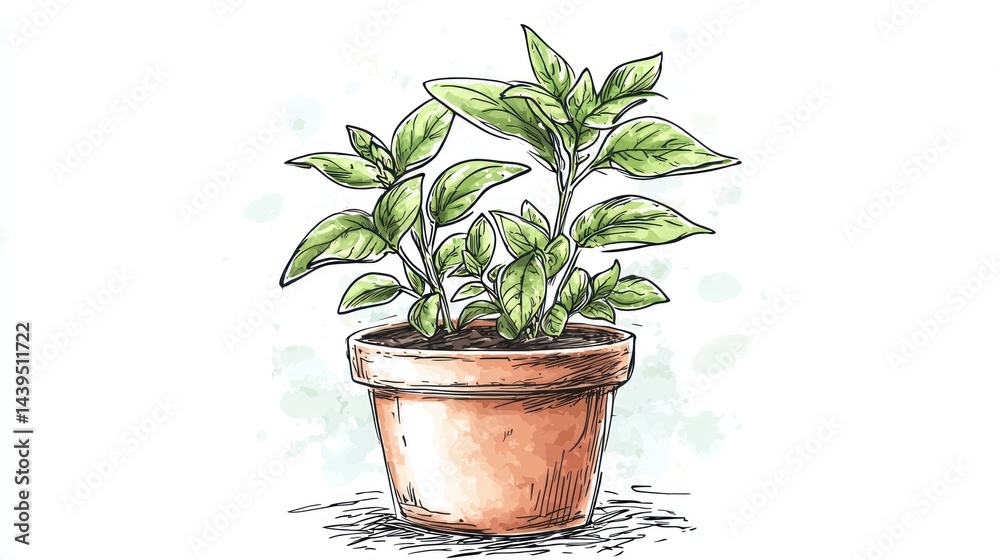 Fototapeta premium A hand-drawn illustration of an herbal plant in a pot