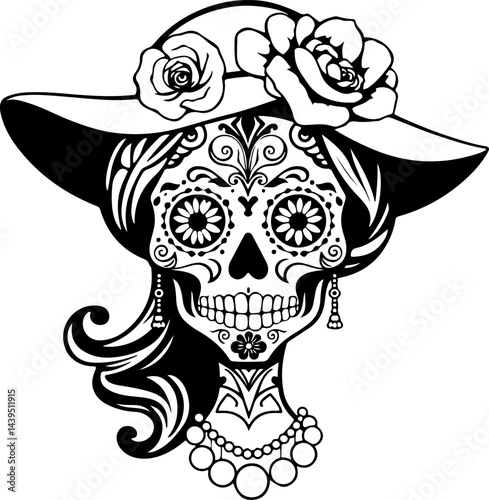 "Elegant Sugar Skull Lady – Black and White Day of the Dead Vector Art Featuring Floral and Ornamental Details with Vintage Accessories"