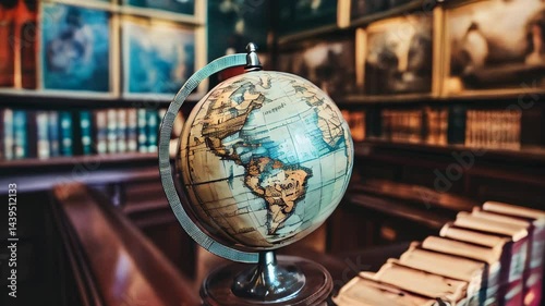 Old globe in a historic library filled with classic books showcasing American continents and old-world charm