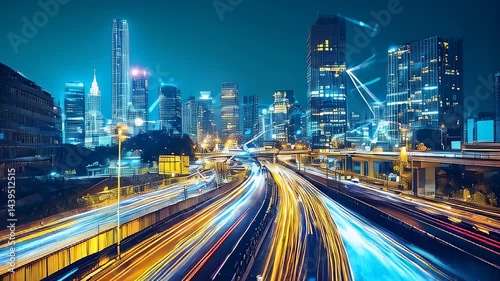 Dynamic urban landscape showcasing lights and connectivity at night in a bustling metropolis