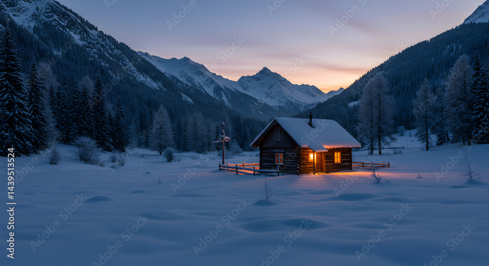 Fototapeta premium Cabin In Snowy Mountains At Sunset Light, Alpine Winter Landscape