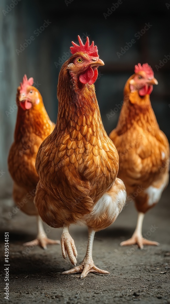 Fototapeta premium Three chickens walking together in a barn during late afternoon sunlight creating a rustic farm atmosphere