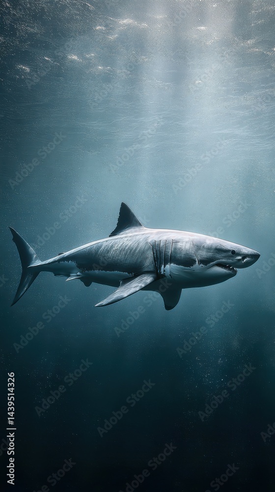 Fototapeta premium Great white shark gliding through deep ocean water during bright daylight hours in a serene underwater environment