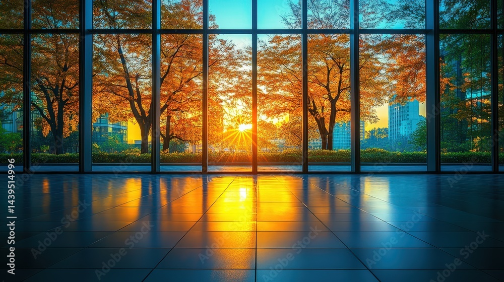 Fototapeta premium Autumnal sunrise view through modern windows.