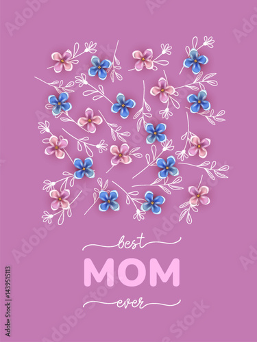 Mother's Day poster with hand drawn white flowers and volumetric flowers