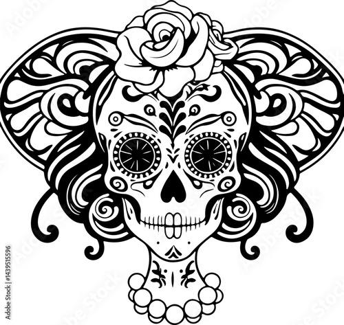 "Elegant Sugar Skull Lady – Black and White Day of the Dead Vector Art Featuring Floral and Ornamental Details with Vintage Accessories"