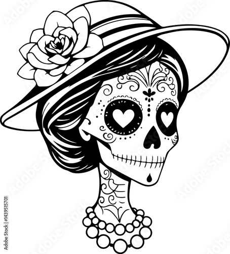 "Elegant Sugar Skull Lady – Black and White Day of the Dead Vector Art Featuring Floral and Ornamental Details with Vintage Accessories"