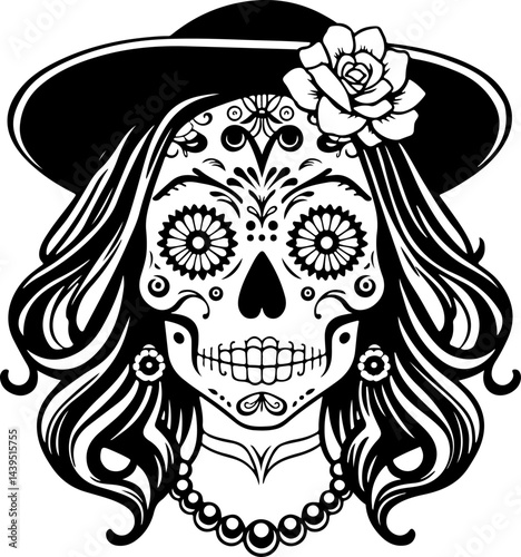 "Elegant Sugar Skull Lady – Black and White Day of the Dead Vector Art Featuring Floral and Ornamental Details with Vintage Accessories"