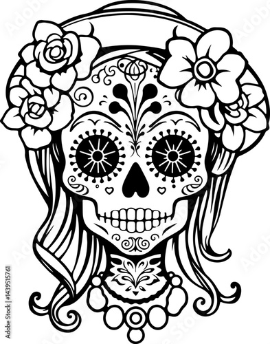 "Elegant Sugar Skull Lady – Black and White Day of the Dead Vector Art Featuring Floral and Ornamental Details with Vintage Accessories"