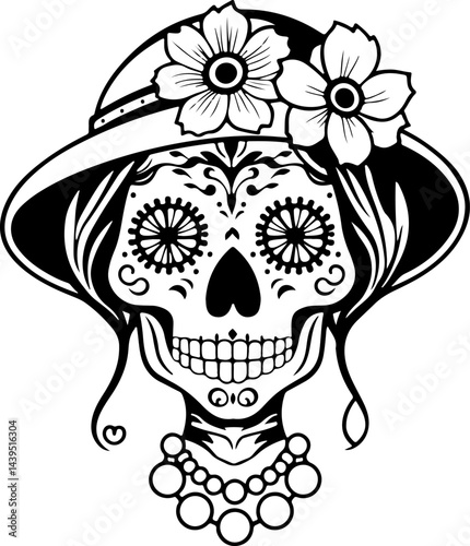 "Elegant Sugar Skull Lady – Black and White Day of the Dead Vector Art Featuring Floral and Ornamental Details with Vintage Accessories"