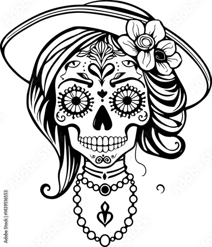 "Elegant Sugar Skull Lady – Black and White Day of the Dead Vector Art Featuring Floral and Ornamental Details with Vintage Accessories"